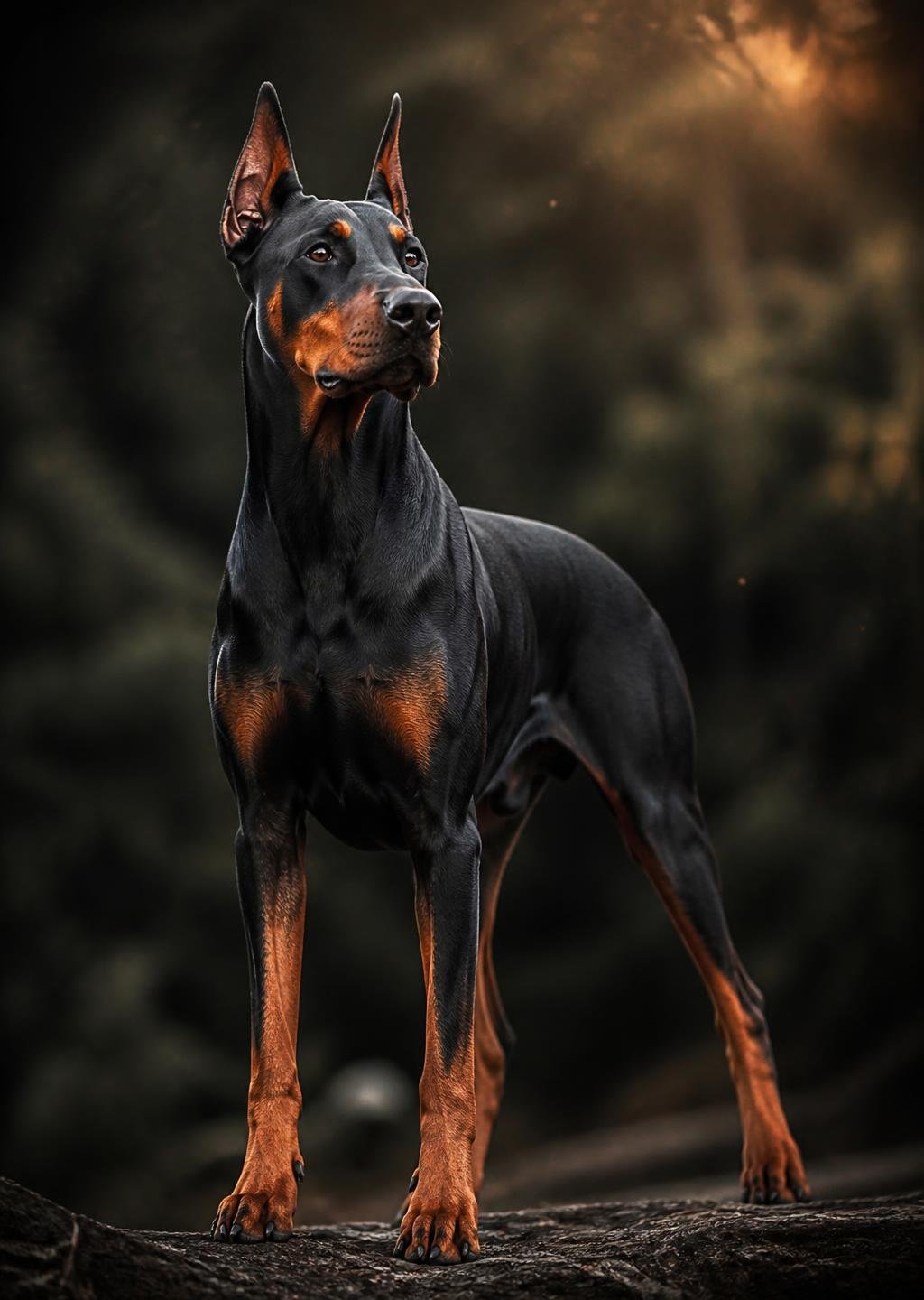 Doberman adulto de pelagem preta brilhante em luz cinematográfica